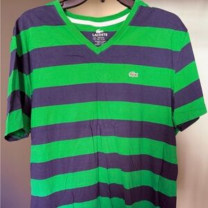 Preowned Lacoste Men’s Green Navy Striped V-Neck Short Sleeve Tee Shirt Sz XXL/7